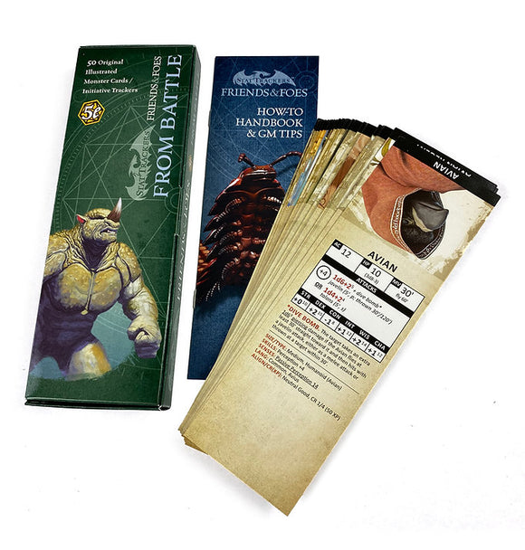 Friends & Foes: From Battle game by TopDog Games. The image displays a box containing 50 illustrated monster cards along with a handbook and gaming tips. The box features artwork of a muscular creature on the front, emphasizing the game's fantasy theme. Several cards are fanned out, showcasing character stats and abilities for immersive gameplay.