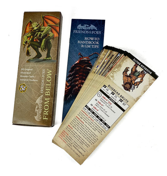 The product 'Friends & Foes: From Below' by TopDog Games includes 50 illustrated monster cards and initiative trackers, packaged in a stylish box. An accompanying 'How-To Handbook & GM Tips' guide is also included to enhance gameplay.
