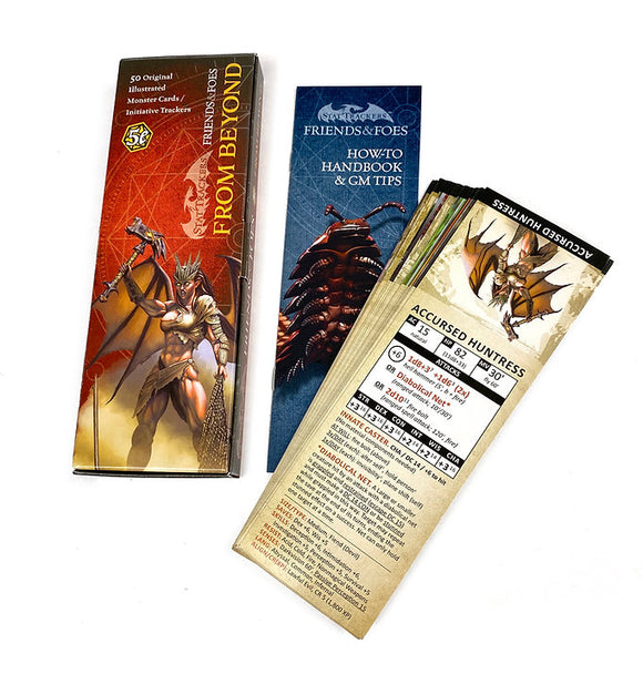 The Friends & Foes: From Beyond game by TopDog Games includes 50 original monster cards and initiative trackers, featuring a beautifully illustrated cover with a fierce warrior holding her weapon. Included is a how-to handbook for game masters, along with a detailed card for the Accursed Huntress character, providing valuable gameplay information and stats.