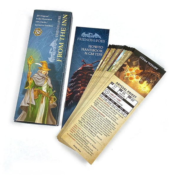 Friends & Foes: From The Inn game by TopDog Games featuring a box containing 50 illustrated NPC cards and initiative trackers. Includes a how-to handbook and GM tips, showcasing a wizard character on the cover with detailed character sheets visible.