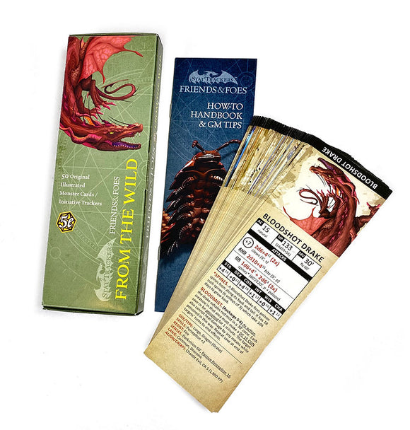 Friends & Foes: From the Wild game set by TopDog Games featuring a box containing 50 illustrated monster cards and a handbook for game masters with GM tips.