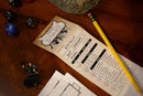 StatTrac Character Trackers 5e by TopDog Games. The image features a detailed character sheet showing stats for an Elf Ranger named Enialis. Nearby are dice, a pencil, and miniature figurines, indicating gameplay elements.