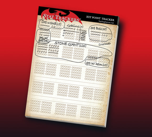 StatTrac Hit Point TrackerPad by TopDog Games. A sheet designed for tracking character hit points in role-playing games, featuring sections for Orcs, Goblins, and Stone Giants, with numerous fillable circles to record health points.