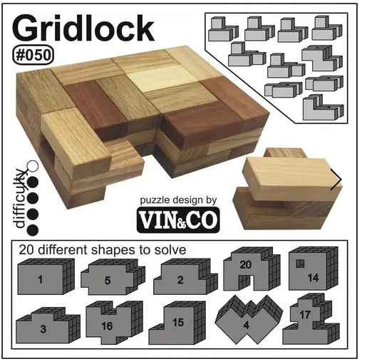 Gridlock is a mechanical puzzle designed by Vinco, featuring a unique arrangement of wooden blocks in various shapes and colors. The puzzle presents a challenge with 20 different shapes to solve, offering a stimulating experience for puzzle enthusiasts. The high-quality wooden pieces enhance the tactile experience, making it ideal for both adults and children seeking a fun and engaging pastime.