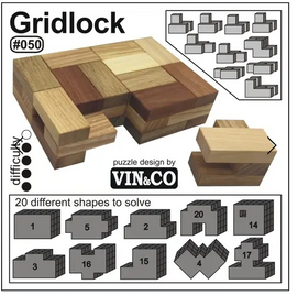 Gridlock is a mechanical puzzle designed by Vinco, featuring a unique arrangement of wooden blocks in various shapes and colors. The puzzle presents a challenge with 20 different shapes to solve, offering a stimulating experience for puzzle enthusiasts. The high-quality wooden pieces enhance the tactile experience, making it ideal for both adults and children seeking a fun and engaging pastime.