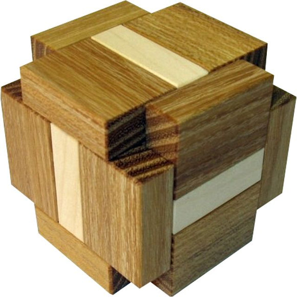 SIXI Cube by VINCO, a mechanical puzzle made from interlocking wooden pieces with a smooth finish. Composed of light and dark wood, it features geometric patterns that challenge the mind and encourage problem-solving skills. Ideal for puzzle enthusiasts and those seeking a creative mental workout.