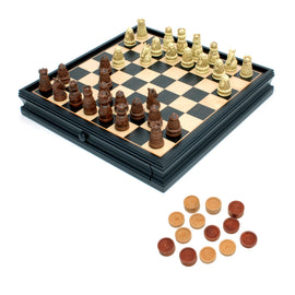 15-inch medieval chess set by Wood Expressions featuring intricately carved chess pieces in two colors, displayed on a classic checkered board, with additional round wooden tokens nearby.