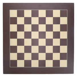 A deluxe 21-inch chess board made from wenge and sycamore wood. The board features an alternating dark brown and light beige checker pattern, surrounded by a fine border. Designed for elegant gameplay and showcasing craftsmanship, it's a perfect centerpiece for chess enthusiasts.