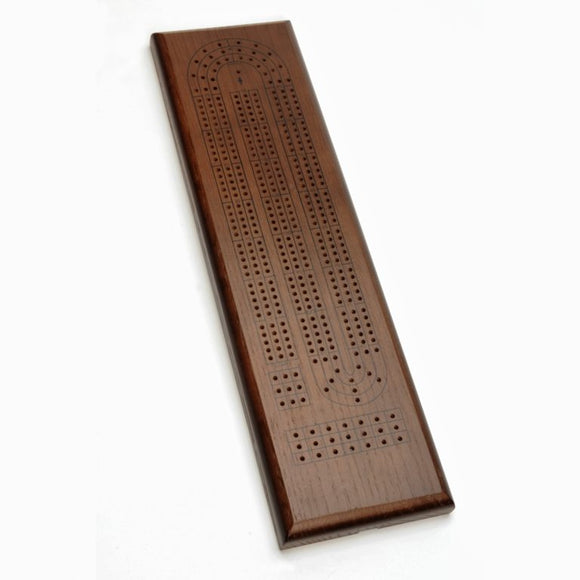 3-Track Cribbage board made of dark oak wood, featuring three distinct playing tracks for scoring and a smooth surface for easy gameplay. Ideal for family game nights or gatherings.