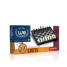 10-inch Magnetic Chess Set by Wood Expressions, featuring a compact foldable board with magnetic pieces. The set comes in a colorful box with the WE Games logo, making it perfect for travel and easy storage. Ideal for family game nights and players of all ages.