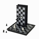A 10-inch magnetic chess set by Wood Expressions featuring a foldable design for easy storage. The set includes black and white chess pieces displayed on a checkered board with high contrast colors. The top board can be flipped to reveal a secondary playing surface, adding versatility for magnetic gameplay.