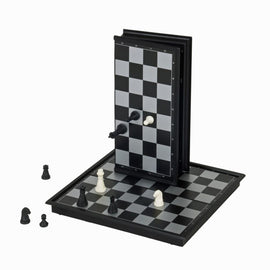 A 10-inch magnetic chess set by Wood Expressions featuring a foldable design for easy storage. The set includes black and white chess pieces displayed on a checkered board with high contrast colors. The top board can be flipped to reveal a secondary playing surface, adding versatility for magnetic gameplay.
