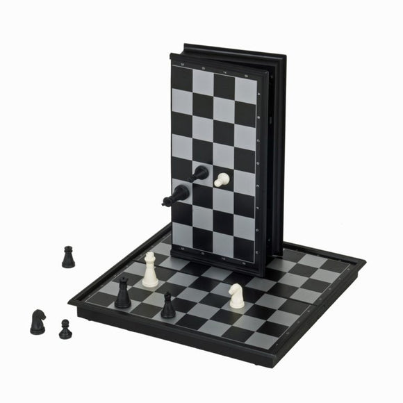 A 10-inch magnetic chess set by Wood Expressions featuring a foldable design for easy storage. The set includes black and white chess pieces displayed on a checkered board with high contrast colors. The top board can be flipped to reveal a secondary playing surface, adding versatility for magnetic gameplay.