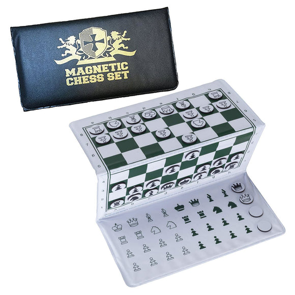 Magnetic Chess Set featuring a foldable board with a checkered design and magnetic pieces. The black leather carrying case is embossed with 'Magnetic Chess Set'. Ideal for travel and easy storage.