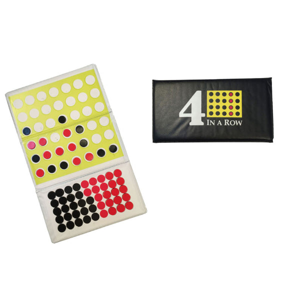 4 in a Row game by Wood Expressions displayed in checkbook style. The game features a foldable board with red, black, yellow, and white circular tokens, perfect for two players to strategize and win by connecting four in a line.