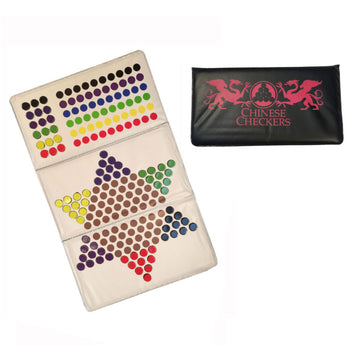 A vibrant Chinese Checkers game set featuring a colorful folding board decorated with various colored pegs in star-shaped formation, accompanied by a sleek black case emblazoned with the 'Chinese Checkers' logo.