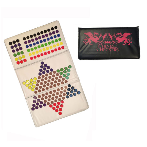 A vibrant Chinese Checkers game set featuring a colorful folding board decorated with various colored pegs in star-shaped formation, accompanied by a sleek black case emblazoned with the 'Chinese Checkers' logo.