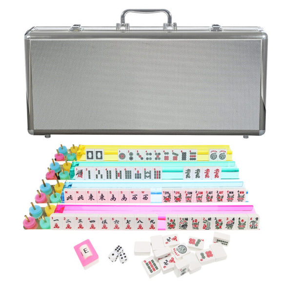 Mah Jongg Silver Aluminum Case by Wood Expressions. The set includes colorful tiles arranged in rows along with various game pieces. The sleek silver case is closed with a sturdy handle, perfect for game storage and transport.