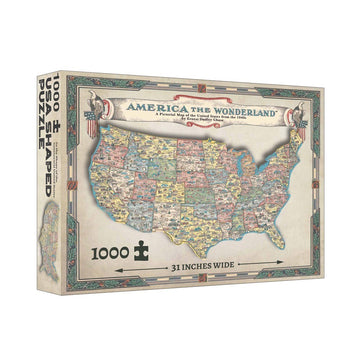 America the Wonderland Jigsaw Puzzle by Wood Expressions, featuring a colorful, detailed pictorial map of the United States from the 1940s. The 1000-piece puzzle measures 31 inches wide and showcases state landmarks and illustrations.