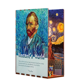Vincent's World bookend by Hands Craft, featuring a vibrant design inspired by Vincent van Gogh's artwork. The front displays a portrait of Van Gogh alongside famous paintings like Starry Night, with an inspirational quote about art. This decorative item is perfect for holding books while adding an artistic touch to any space.