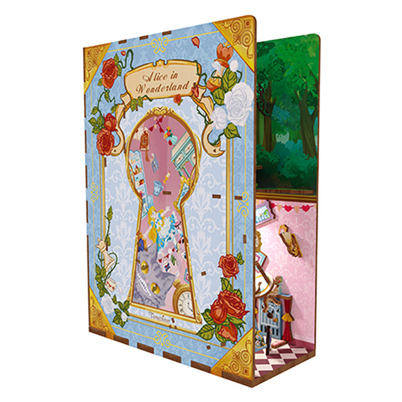 A beautifully designed bookend themed around 'Alice's Adventure in Wonderland' by Hands Craft. The bookend features vibrant illustrations with elements from the story, including a keyhole design, intricate floral patterns, and whimsical characters that invite imaginative storytelling. It's perfect for holding books upright while adding a touch of fantasy to any bookshelf.