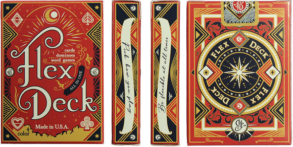 Flex Deck Red is an all-in-one game set featuring vibrant red packaging. It includes cards, dominoes, and word games with stylish illustrations and playful text. The box displays the brand name and suggests versatility in gameplay, making it suitable for various occasions.