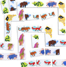 Colorful dominoes featuring a variety of animals, including giraffes, tigers, snakes, and bears, arranged in a playful design on a bright background. Perfect for family fun and educational play.