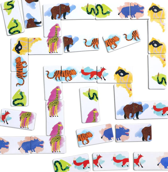 Colorful dominoes featuring a variety of animals, including giraffes, tigers, snakes, and bears, arranged in a playful design on a bright background. Perfect for family fun and educational play.