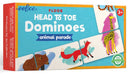 The Head to Toe Dominoes game by Eeboo, featuring colorful illustrations of animals including a bear, fox, giraffe, and more. The package is brightly designed and includes cards for a fun floor game suitable for children aged 3 and up.