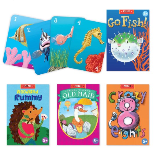 An assortment of mini card games by Eeboo including 'Go Fish!', 'Woodland Rummy', 'Old Maid', and 'Crazy Eights'. The cards feature colorful illustrations of various sea creatures and woodland animals, designed for ages 5 and up.