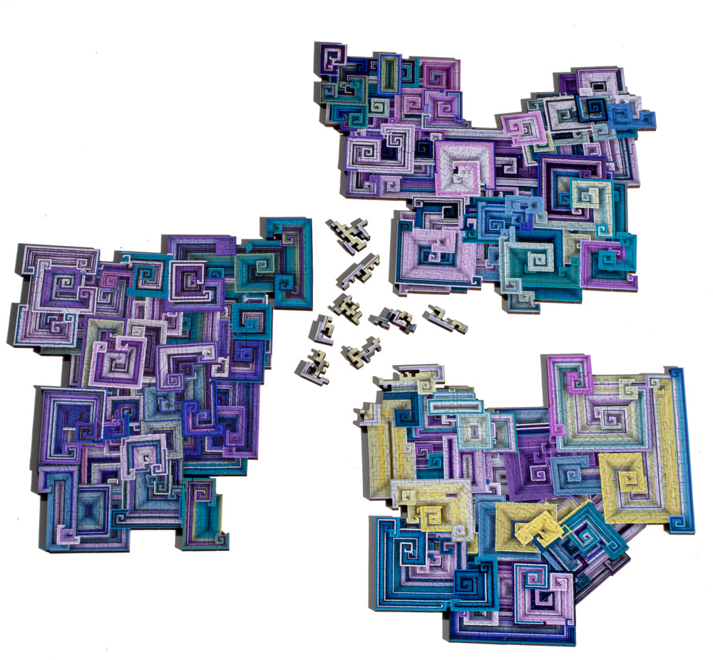 A vibrant jigsaw puzzle featuring a Bismuth crystal design in shades of purple, blue, green, and yellow. The puzzle pieces display intricate spiral patterns, arranged in various sections with several pieces scattered around, highlighting the unique geometric shapes and colors that make this puzzle a stunning visual delight.