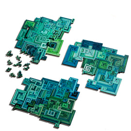 A vibrant jigsaw puzzle featuring intricate Bismuth crystal patterns in various shades of green and blue. The puzzle pieces are scattered around, showcasing the detailed design and unique geometric shapes. Ideal for puzzle enthusiasts and art lovers alike.