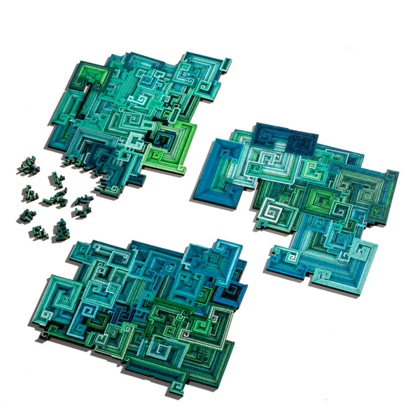 A vibrant jigsaw puzzle featuring intricate Bismuth crystal patterns in various shades of green and blue. The puzzle pieces are scattered around, showcasing the detailed design and unique geometric shapes. Ideal for puzzle enthusiasts and art lovers alike.