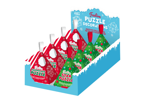 A vibrant display of festive puzzle ornaments including snowflake and star designs. Each ornament features bright colors like red and green, perfect for holiday decoration. Ideal for puzzle lovers and decoration enthusiasts alike, these mechanical puzzles provide a fun challenge while adding a decorative touch to your holiday season.