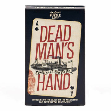 Dead Man's Hand board game by Professor Puzzle featuring a decorative box with an illustration of a playing card. The design showcases a vintage style with the words 'DEAD MAN'S HAND' prominently displayed and hints at a mini murder mystery theme set on the Mississippi River.