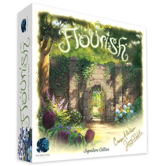 Flourish - Signature Edition game box featuring a beautiful, illustrated garden scene with a stone archway and vibrant flowers. The design includes the title 'Flourish' in elegant lettering, along with signatures from the creators. Ideal for family game nights and nature lovers.