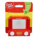 The Pocket Etch A Sketch - 2023 by Spin Master is a compact drawing toy. It features a red frame with a classic design and white knobs for easy drawing. The packaging highlights that it is made from 76% recycled plastic and showcases a simple line drawing of hands holding a tree. It's presented on a bright yellow and red background conveying a playful and fun aesthetic.