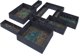 A detailed 3D representation of the Tenfold Dungeon: Dungeons & Sewers game by Gale Force 9. The layout features interconnected rooms, corridors, and a variety of textures, such as stone floors and water elements, ideal for tabletop gaming adventures in a fantasy setting.