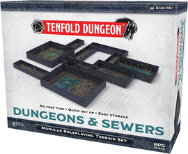 The Tenfold Dungeon: Dungeons & Sewers game from Gale Force 9 features modular terrain pieces designed for roleplaying games. The packaging showcases a set of intricate dungeon layouts in a dark color scheme, emphasizing easy setup and storage options. Suitable for ages 14 and up.