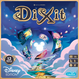 Dixit Disney Edition board game by Libellud features whimsical artwork with floating illustrated cards set against a dreamy sky background. The game is designed for 3 to 6 players, suitable for ages 8 and up, and offers approximately 30 minutes of playtime.