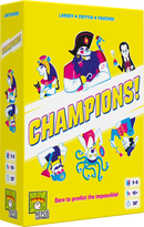 The packaging of the game 'Champions!' by Repos, featuring a bright yellow background with colorful cartoon characters including a pirate, an Egyptian queen, and others. The title 'Champions!' is prominently displayed in bold letters, with the text 'Dare to predict the impossible!' below it. Icons indicating player count (3-8), age (10+), and playtime (30 minutes) are visible on the side.