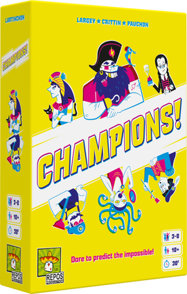 The packaging of the game 'Champions!' by Repos, featuring a bright yellow background with colorful cartoon characters including a pirate, an Egyptian queen, and others. The title 'Champions!' is prominently displayed in bold letters, with the text 'Dare to predict the impossible!' below it. Icons indicating player count (3-8), age (10+), and playtime (30 minutes) are visible on the side.