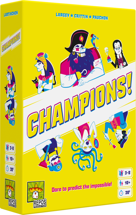 The packaging of the game 'Champions!' by Repos, featuring a bright yellow background with colorful cartoon characters including a pirate, an Egyptian queen, and others. The title 'Champions!' is prominently displayed in bold letters, with the text 'Dare to predict the impossible!' below it. Icons indicating player count (3-8), age (10+), and playtime (30 minutes) are visible on the side.
