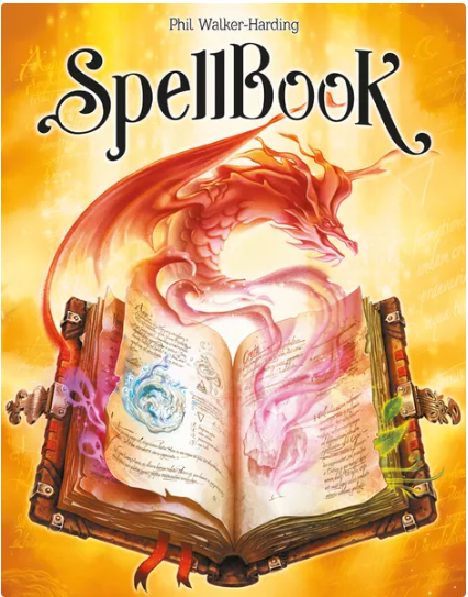 The SpellBook game by Space Cowboys features a beautifully illustrated cover with a magical dragon and vibrant colors. An open book shows mystical elements like swirling colors and ancient text, creating an enchanting fantasy theme.