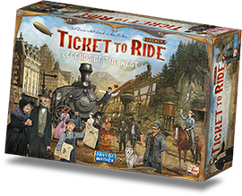 Ticket to Ride Legacy - West game box featuring a vibrant illustration with a steam locomotive, characters in period attire, and a scenic western backdrop. The box displays the title prominently at the top in bold letters, and the Days of Wonder logo is located at the bottom corner.