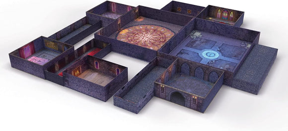 An intricately designed game set titled 'Tenfold Dungeon: The Castle' by Gale Force 9. The product showcases various rooms and corridors of a fictional castle, complete with a detailed floor pattern, colored windows, and textured walls, perfect for immersive gameplay.