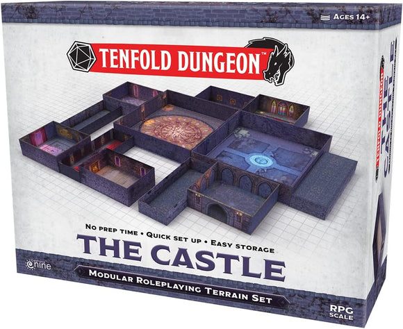 Tenfold Dungeon: The Castle game box by Gale Force 9. The packaging shows an intricate modular roleplaying terrain set, featuring rooms and corridors ideal for tabletop RPGs. The design includes detailed art, emphasizing gothic architectural elements and vibrant colors, with text indicating 'No prep time', 'Quick set up', and 'Easy storage'. Suitable for ages 14 and up.