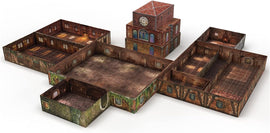 The Tenfold Dungeon: The Town by Gale Force 9 is a detailed tabletop game set featuring a variety of intricately designed modular pieces. The set includes different building structures, showcasing rustic textures, colorful window designs, and realistic flooring patterns. This game is perfect for enhancing tabletop role-playing experiences and immersing players in an engaging fantasy environment.