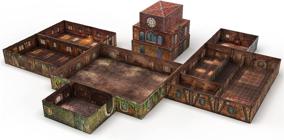 The Tenfold Dungeon: The Town by Gale Force 9 is a detailed tabletop game set featuring a variety of intricately designed modular pieces. The set includes different building structures, showcasing rustic textures, colorful window designs, and realistic flooring patterns. This game is perfect for enhancing tabletop role-playing experiences and immersing players in an engaging fantasy environment.
