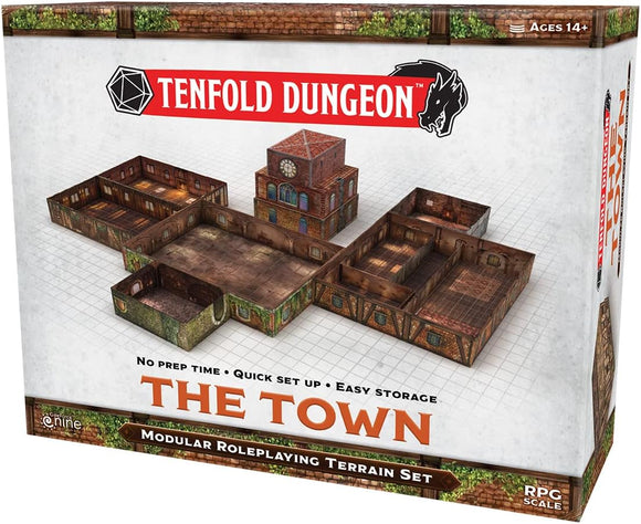 Tenfold Dungeon: The Town is a modular terrain set designed for roleplaying games. It features detailed buildings and layouts, ideal for immersive gameplay. Geared towards ages 14 and up, this product boasts quick setup, easy storage, and is perfect for creating vivid game scenarios.